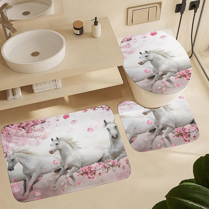 Beautiful White Horse 4 Pcs Waterproof Shower Curtain Set,Realistic Modern Farm Animal Horse Cherry Blossoms with Waterproof Toilet Cover Shower Mat Rugs