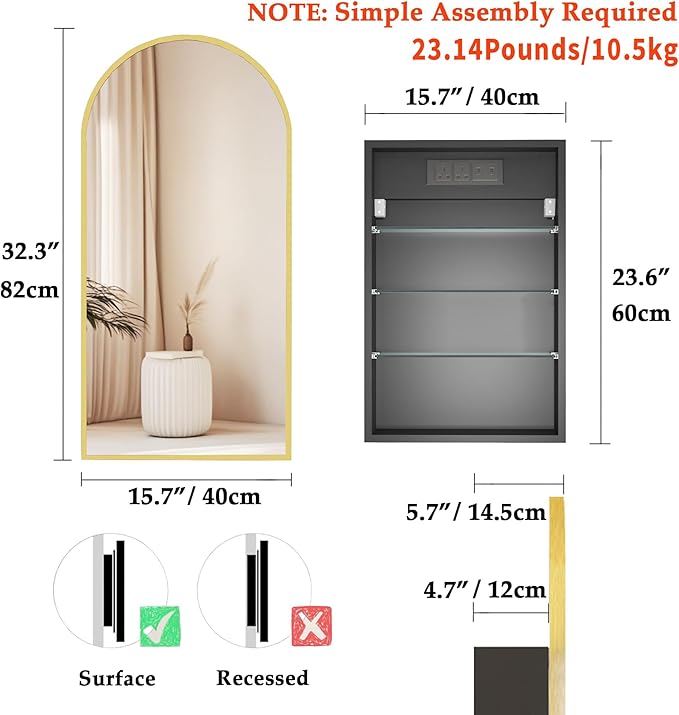 FKWin Arched Bathroom Mirror with Storage and Power Outlet, Gold Medicine Cabinet with Mirror for Left or Right Opening, not Recessed, Bathroom Vanity Mirror with Storage, Gold, 16x32 inch