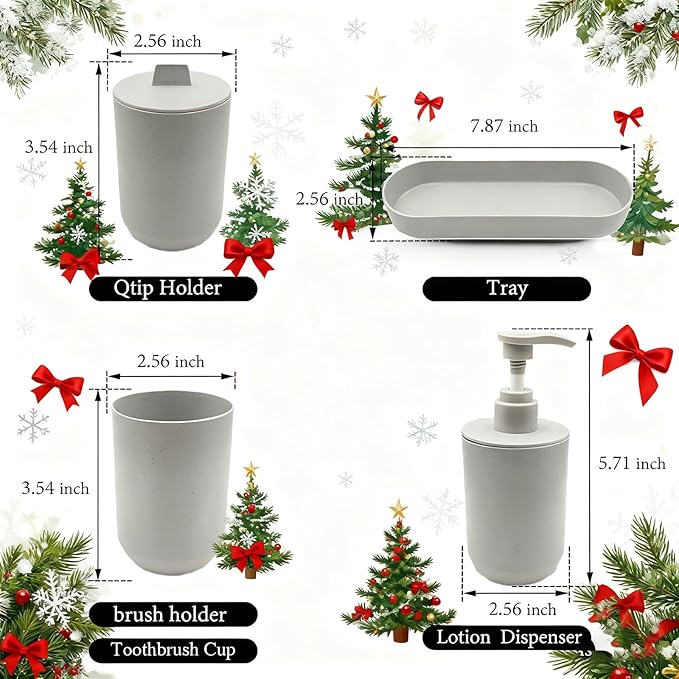 4-Piece Bathroom Organizer Set, Light Grey Plastic Countertop Storage with Toothbrush Holder, Lotion Soap Dispenser, Qtip Holder & Vanity Tray – Clean Bathroom Decor for Modern Spaces