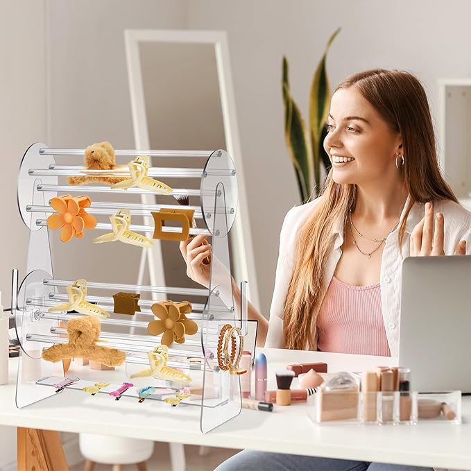Lineshading 2-tier Acrylic Claw Clip Holder 360 Degree Rotating Claw Clip Organizer Hair Accessories Organizer Storage Display Clear Stand for Women Vanity Dressing Table(Round Style)