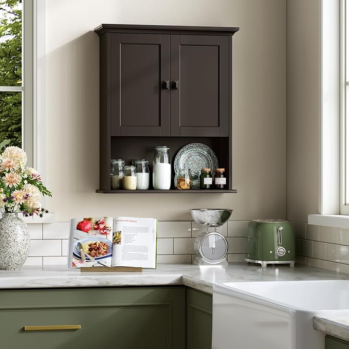 Bathroom Wall Cabinet, Wooden Medicine Cabinet Over Toilet Storage Cabinet with Doors and Adjustable Shelf Wall Mounted Storage Organizer Cabinet Above Toilet (Espresso)