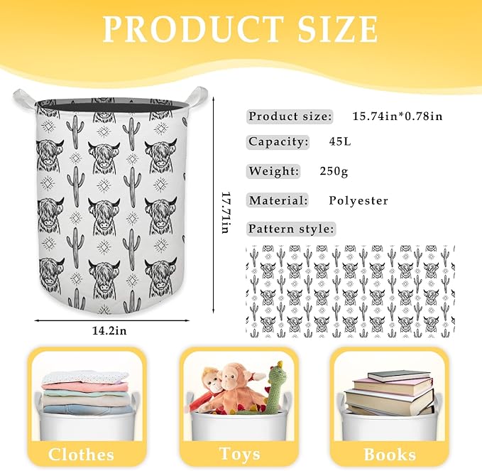 Western Laundry Basket, Retro Highland Cow Cactus Collapsible Laundry Hamper - Waterproof, Dirty Clothes Storage Bin - Perfect for Bathroom, Bedroom, Home Decor
