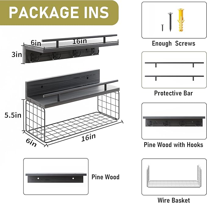 Floating Shelves - Black Bathroom Shelves Over Toilet, Set of 2 Wall Shelves with Basket and Hooks