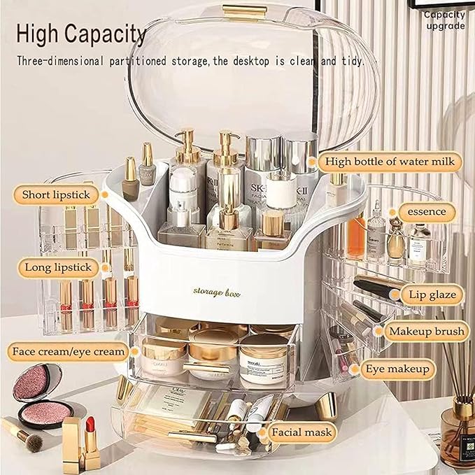 Dustproof Cosmetic Storage Box, Cosmetics Skincare Jewelry Lipstick Organizer, Multi-Function Make Up Case, Cosmetics Storage Box, Makeup Organizer with Lid (White)