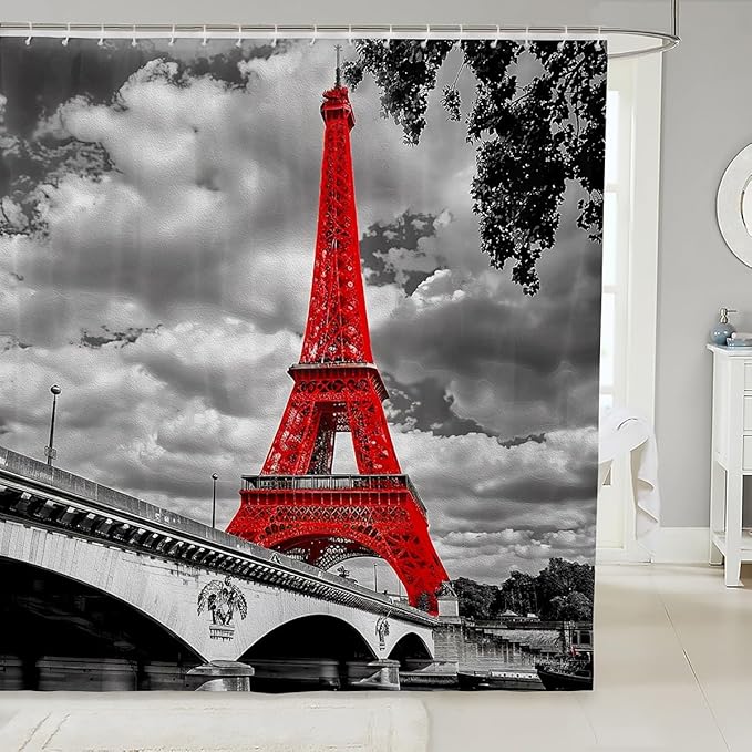 Feelyou Eiffel Tower Shower Curtain Chic Paris Theme Bathroom Shower Curtain for Stalls Bathtubs Bright Red Paris Cityscape Bath Curtain Modern French Style Waterproof Curtain Room Decor 72Wx72L