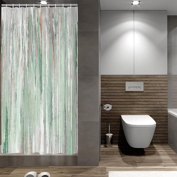 JAWO Abstract Teal Blue Shower Curtain, Lake Blue Boho Ombre Minimalist Chic Art Shower Curtains, Modern Neutral Contemporary Striped Brush Strokes Tan Art Waterproof Bathroom Curtain with 12 Hooks