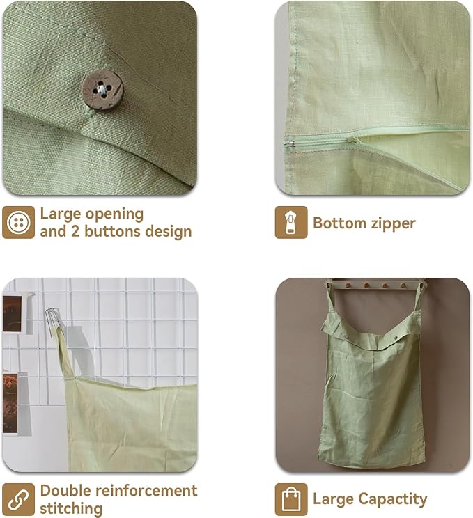100% Linen Hanging Laundry Hamper Bag 20x27 Inch, Over the Door with 2 Buttons and Bottom Zipper Saving Space Wall Back organizers For Dirty Clothes Dorm Travel College Camp Sock Large Capacity,Green