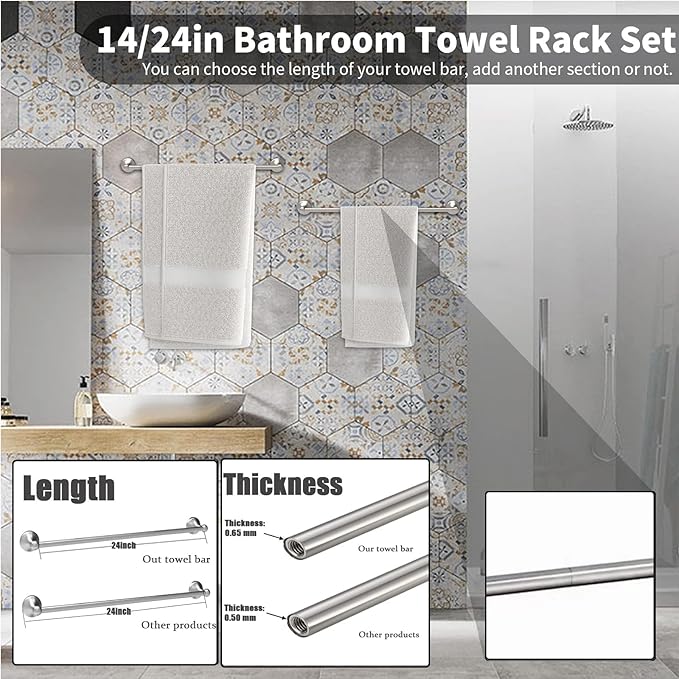 Newfun 8-Pieces 24 Inch Brushed Nickel Bathroom Hardware Set, Bathroom Accessory Set, Includes 24" Adjustable Bath Towel Bar, Towel Rings Wall Mounted, Toilet Paper Holder, Robe Towel Hooks