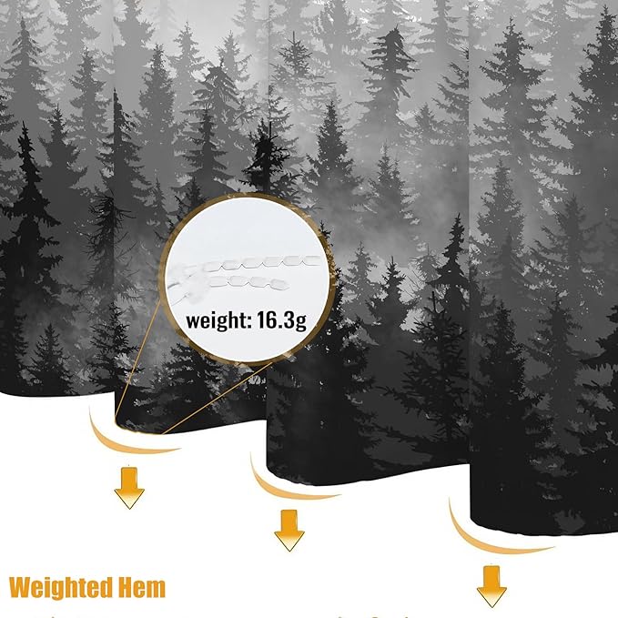 Accnicc Black Misty Forest Shower Curtain Ombre Gray Grey White Waterproof Fabric Shower Curtains for Bathroom Nature Pine Tree Mountain Woodland Decorative Bath Curtain Decor (72'' × 72'')