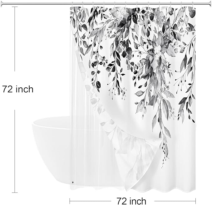 Gibelle 3 in 1 Shower Curtain Set, 72x72 Black Eucalyptus Bath Curtain and PEVA Liner Set with 12 Metal Hooks, Waterproof Fabric Bathroom Curtain