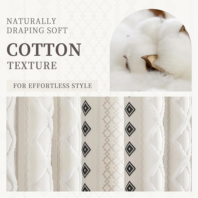 Boho Shower Curtain for Bathroom Cotton Fabric with Striped Print,White 72" W x 72" L