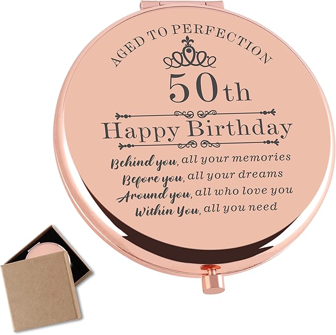 50th Birthday Gifts for Women Rose Gold 2.6" L x 2.6" W Compact Makeup Mirror, 50th Birthday Gift for Women, Double-Sided, Tabletop Mount, Beauty