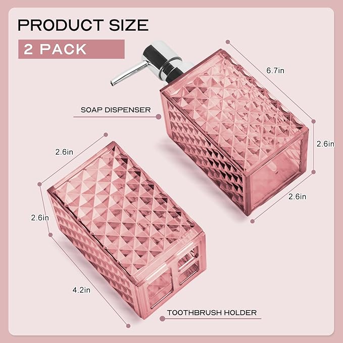 Bathroom Accessories Set 2 PCS, Pink Bathroom Accessories Include Soap Dispenser and Toothbrush Holder, Diamond Pattern Bathroom Set for Boho Bathroom Decor