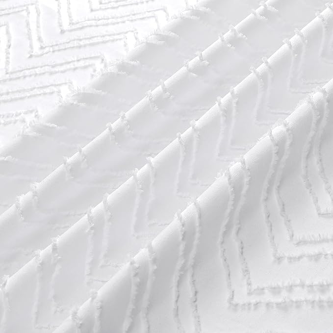 OVZME White Boho Fabric Shower Curtain 72 Inch Length, Tufted Chevron Striped Minimalist Premium Thick Cloth Bathroom Shower Curtain, Modern Hotel Textured Bathroom Decor, 72Wx72L Inches