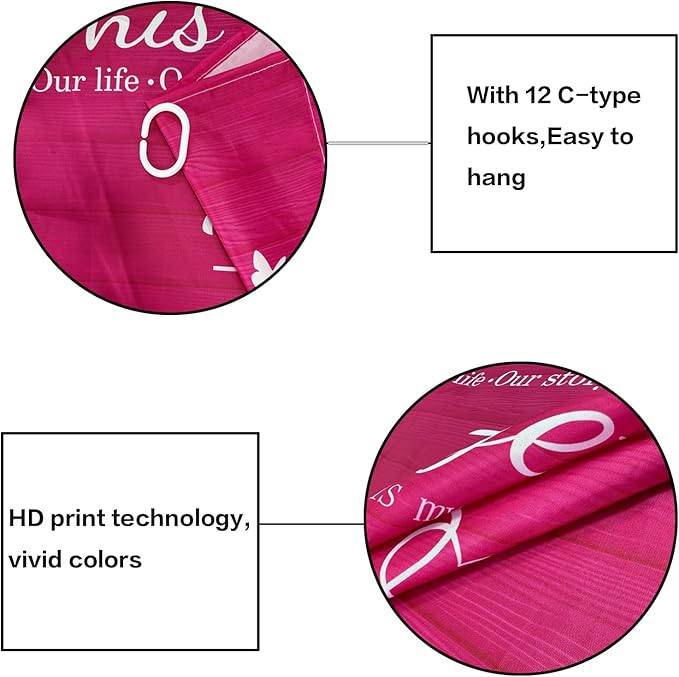 juwute 4Pcs Family Shower Curtain Sets with Non-Slip Rugs, Toilet Lid Cover and Bath Mat, Pink Home Bathroom Decor Set Accessories Waterproof Shower Curtains with 12 Hooks, 72 x 72 Inch