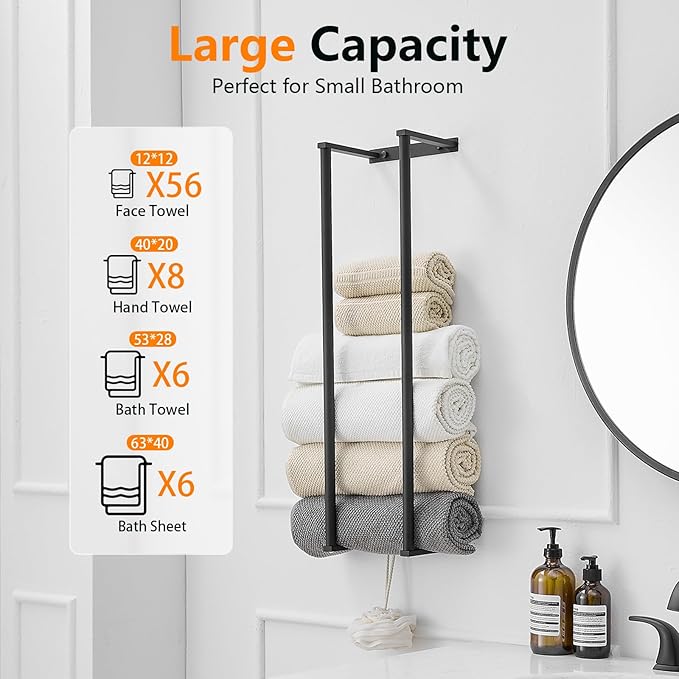 BWE Matte Black Towel Racks for Bathroom, 28" Stainless Steel Bathroom Towel Holder for Rolled Towels, Wall Mounted Towel Storage for Bathroom with 2 Hooks, 6 Large Bath Towels Capacity