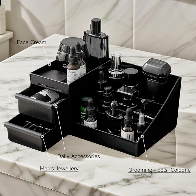 Large Black Vanity Organizer for Men, Countertop Cologne Organizer with Drawers, Perfume Stand & Mens Skincare Storage, Deodorant Display for Bathroom Bedroom Dresser, Ideal Gifts for Men
