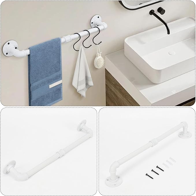 4-Pieces Industrial Pipe Bathroom Towel Ring Kit DIY Wall Mount Accessories Kit Includes Robe Hook Towel Bar and Towel Ring (White 18 inch)
