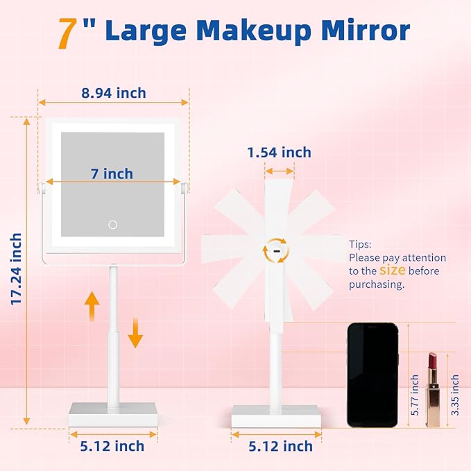 Ruacq Makeup Mirror with Lights, 4000mAh Rechargeable Magnifying Mirror with Light, 1X/10X, Height Adjustable Bathroom Vanity Mirror, 3 Colors, Adjustable Brightness (White)