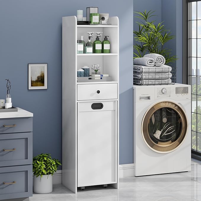 Laundry Hamper Cabinet, Laundry Cabinets and Storage with Multi Shelves, Hidden Movable Laundry Hamper Cabinet for Bathroom or Laundry Room Organization, White