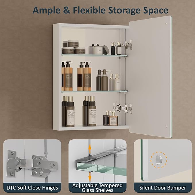 20x28 Inch Medicine Cabinet with Mirror, Recessed or Surface Mounted Bathroom Cabinets for Storage, 2 Fully Adjustable Tempered Glass Shelves, Soft-close DTC Hinges, HD Reflection Mirror Door, White