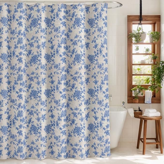 MUGINYU Blue Vintage Floral Linen Shower Curtain-Toile Cottage Core Farmhouse Country Neutral Botanical Bath Curtain for Bahtroom Decor 72x72inch