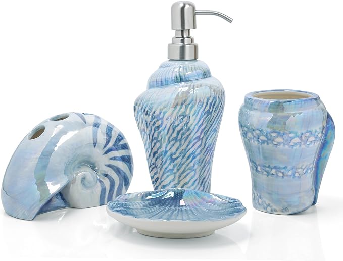 Ocean Conch Sea Shell Ceramic Bathroom Accessories Set of 4,1 Gargle Cups 1 Toothbrush Holders 1 Soap Dishes 1 Soap Dispenser (Blue)