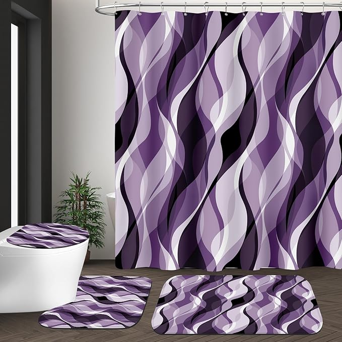 4PCS Purple Bathroom Sets with Shower Curtain and Rugs, Lavender Abstract Striped Shower Curtain Sets with Rugs, Modern Luxury Bathroom Curtains Shower Set with Toilet Lid Cover
