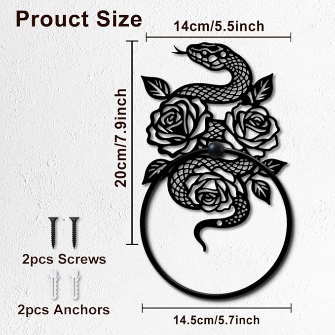 MAYJOYDIY Snake Metal Towel Ring Round Snake Flower Hand Towel Holder Ring Hanger Black Vintage Towels Wall Organizer for Kitchen Bath Home Laundry Room Decors Gifts