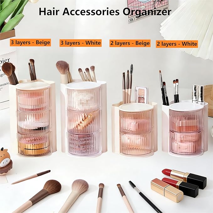 Hair Accessories Organizer with Hair Brush Holder, Rotatable Makeup Brush Holder for Necklaces, Earring, Bracelet, Ring, Makeup Brushes, Hair Clip and Hair Accessories (3-layer -White)