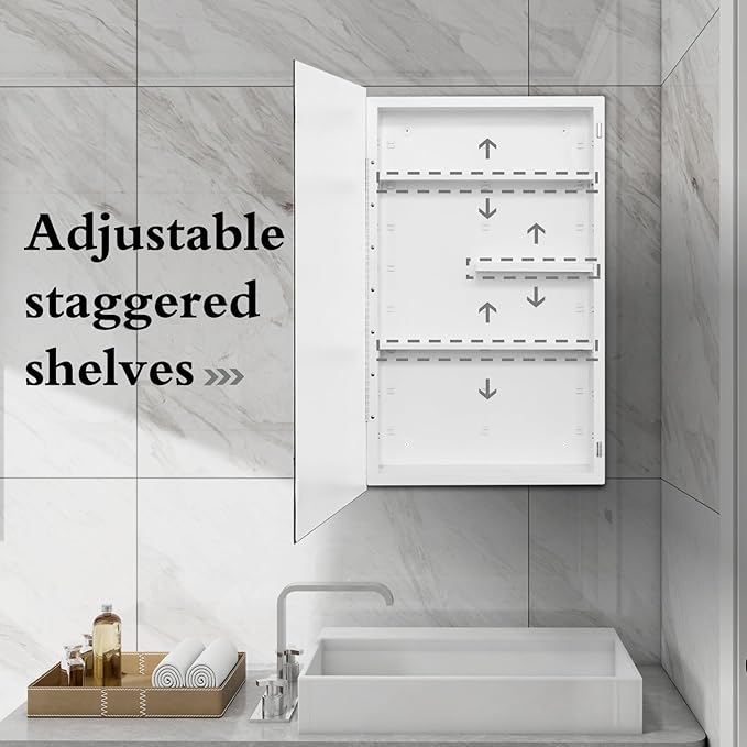 Fundin White Medicine Cabinet Recessed or Surface Mount, Bathroom Medicine Cabinet with 18 x 30 Beveled Mirror and Adjustable Staggered Shelves, Wall Mount