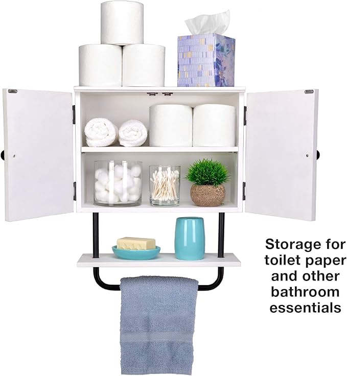 EXCELLO GLOBAL PRODUCTS 17x21” Barndoor Bathroom Wall Cabinet, Space Saver Storage Cabinet Kitchen Medicine Cabinet with Adjustable Shelf and Towel Bar, White