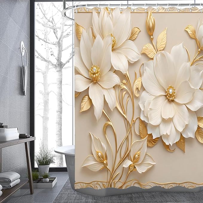 NBVKO 4Pcs Luxury Magnolia Blossoms Printed Shower Curtain Set with 12 Hooks Non-Slip Rugs,Toilet Lid Cover and Bath Mat,Gold Bathroom Decor for Hotel & Home Bathroom