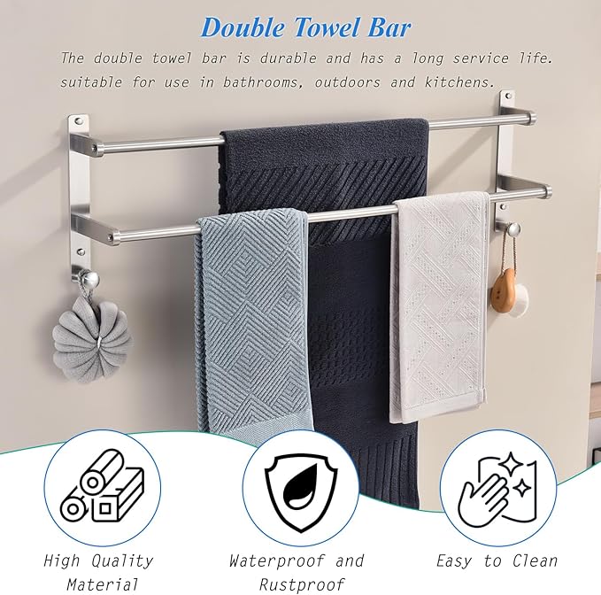 30-Inch Double Towel Rack with Hooks - Brushed Stainless Steel Long Towel Hanger, Wall Mounted Towel Bar for Bathroom