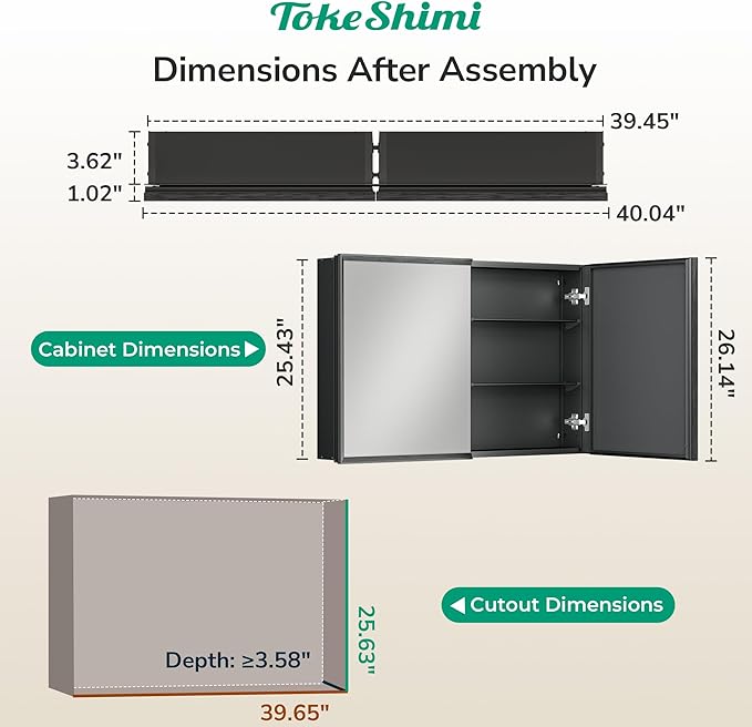 TokeShimi 40 x 26 Black Recessed Medicine Cabinet with Mirror, Assembly Required, Bathroom Medicine Cabinet with Mirror, Stepless Adjustable Shelves, Beveled Aluminum Frame, DTC Hinge