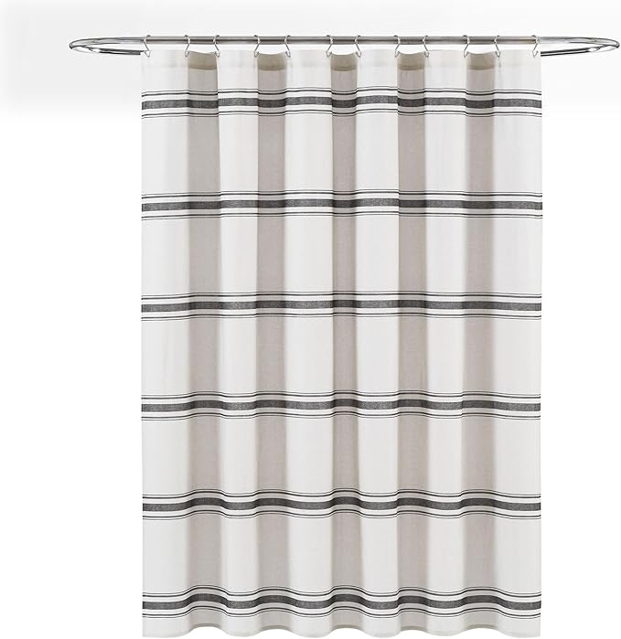 Lush Decor Farmhouse Stripe Cotton Shower Curtain, 72" W x 72" L, Black - Striped Bathroom Curtain - Fabric Shower Curtains - Farmhouse Bathroom Decor