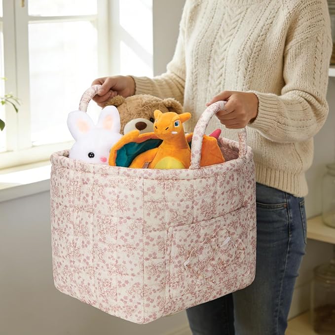 Quilted Fabric Basket Car Storage Basket Boho Floral Laundry Hamper for Nursery Bedroom & Living Room | Organize Clothes Toys