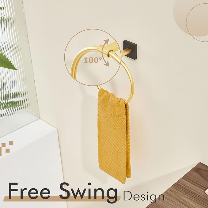 KOKOSIRI Hand Towel Holder Wall Mounted Towel Ring Bathroom Accessories Shower Towel Hanger Rack Stainless Steel Black with Gold, B3010GDK