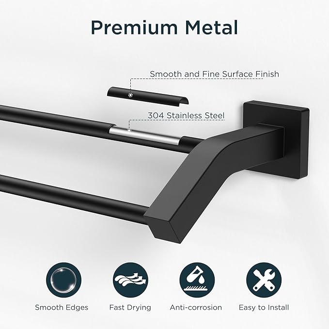 FORIOUS Double Towel Bar, 30 Inch Dual Towel Racks for Bathroom Wall Mounted, Thicken SUS304 Stainless Steel Bath Square Towel Rod Towel Holder Rail, Matte Black