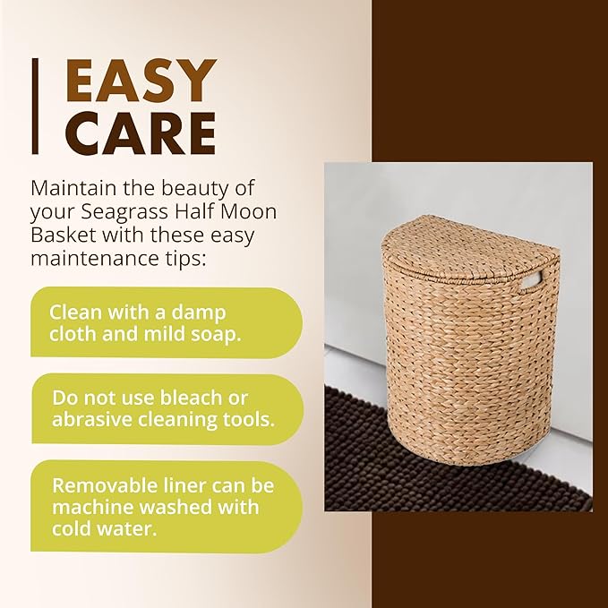 KOUBOO Seagrass Half Moon Basket, Handwoven Laundry Hamper Basket with Lid, Handles, & Removable Liner, Home Decor and Organization, Natural