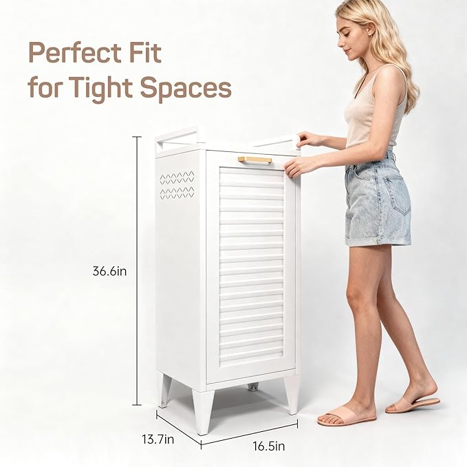 Tilt-Out Laundry Hamper Cabinet, 13 Gallon Clothes Basket with Golden Handle, Hidden Laundry Cabinet with Laundry Storage Basket for Bathroom, Laundry Room, Bedroom - White