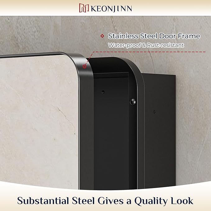 Keonjinn 20 x 26 Inch Black Recessed Medicine Cabinets, Bathroom Mirrored Medicine Cabinet, Black Stainless Steel Framed, Stepless Adjustable Shelves, in Wall or Surface Mount, DTC Hinge