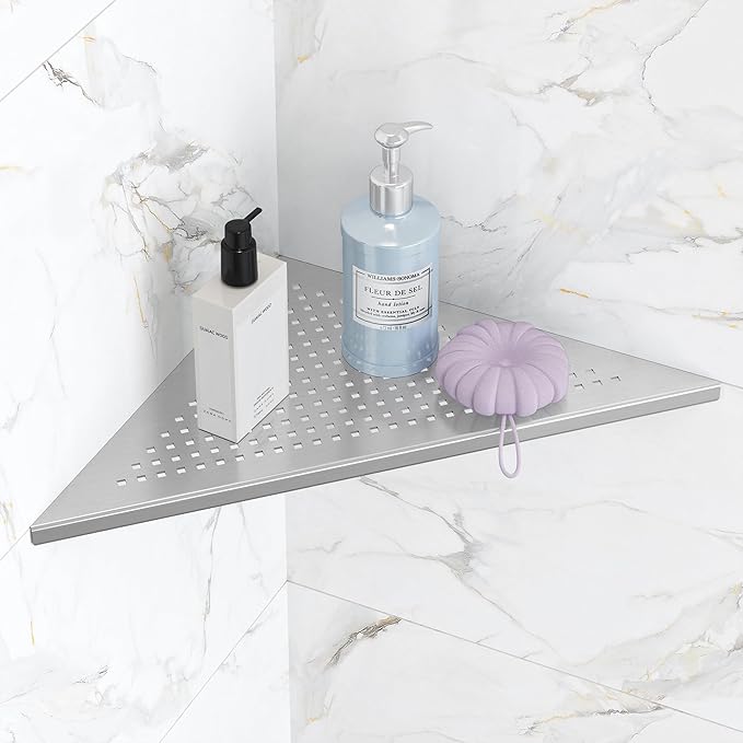Qeke Bathroom Corner Shelf, Recessed 12" Shower Shelf Caddy, SUS304 Stainless Steel Shelf Wall Mount Triangular, No Drilling, Brushed Nickel