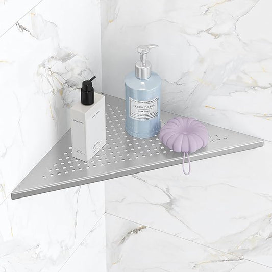 Qeke Bathroom Corner Shelf, Recessed 12" Shower Shelf Caddy, SUS304 Stainless Steel Shelf Wall Mount Triangular, No Drilling, Brushed Nickel
