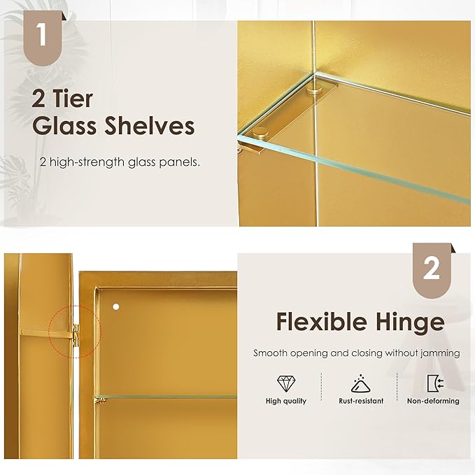 DlandHome Bathroom Medicine Cabinet with Mirror, 24”x16” Recessed Medicine Cabinet for Bathroom with Beveled Edge Mirror, Wall Mounted Deep Set Alumiunm Frame,Golden