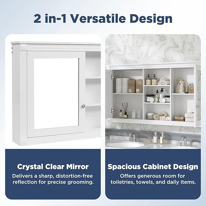 Merax Bathroom Medicine Cabinet with Mirror Door & Adjustable Shelf, 55" x 28" Wall Mounted Bathroom Storage Cabinet with Mirror, Over The Toilet