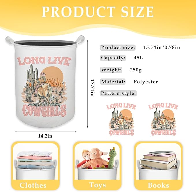 Pink Western Cowgirl Laundry Basket, Toybox for Girls Room, Long Live Cowgirls Laundry Basket Hamper Waterproof Collapsible Clothes Toys Storage Bin Organizer for Bedroom Bathroom Kids Room Dorm
