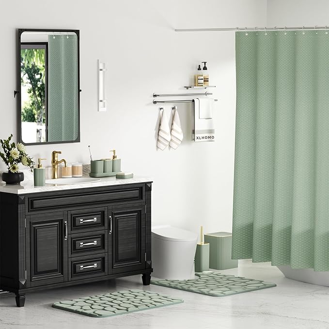 XLHOMO Bathroom Accessories Set - 25PC Sage Green Bathroom Set, Bathroom Set with Shower Curtain and Rugs, Sage Green Shower Curtain Set, Bathroom Accessory Set, Trash Can & Soap Dispenser