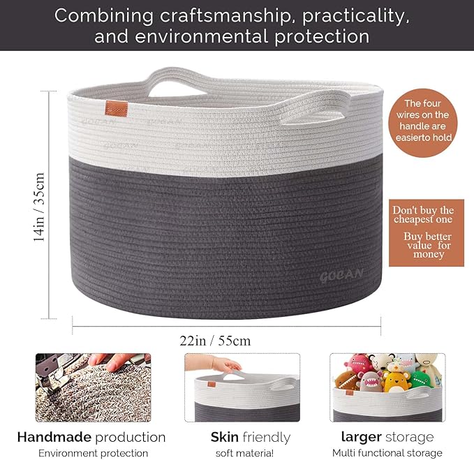 GOCAN Extra Large Laundry Basket toy storage 22"X22"X14" blanket basket Cotton Rope Woven Baskets with Handles for Living Room (Grey/Beige) XXXL