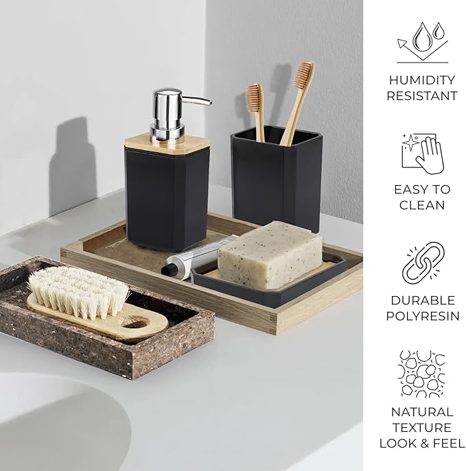 CERBIOR Bathroom Accessories Set 7 Piece Bath Ensemble Includes Soap Dispenser, Toothbrush Holder, Toothbrush Cup, Soap Dish for Decorative Countertop and Housewarming Gift (Black)